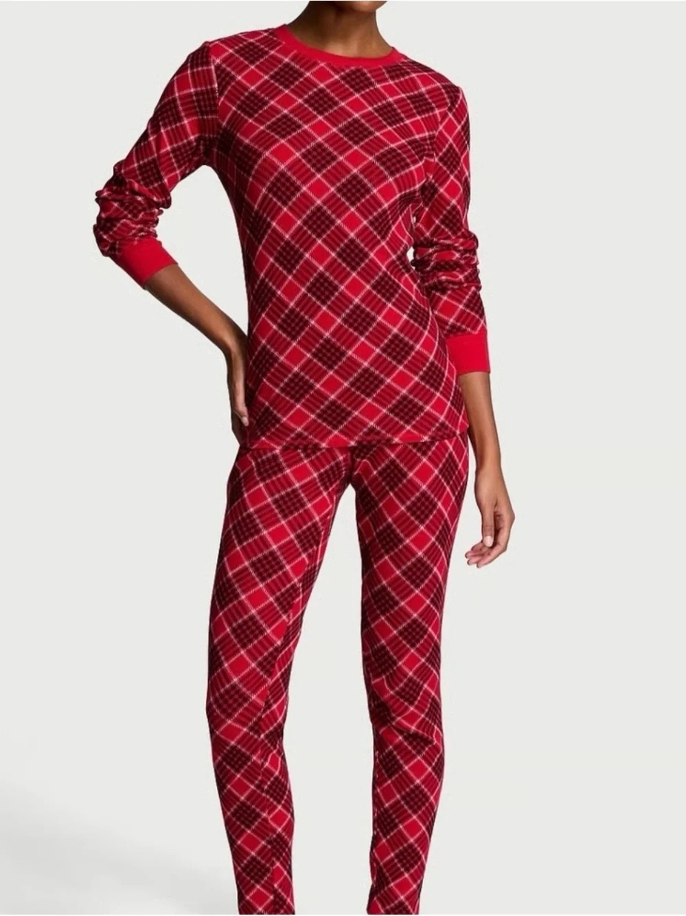 Victoria’s Secret Red Plaid Thermal Pajama Set XL Long Christmas Sleepwear